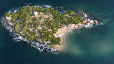 Aerial view of a small tropical island covered in palm trees with a white dome in the center.