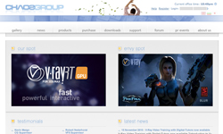 Chaos Group website showing product banners for V-Ray RT and a character from a video game.