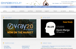 Chaos Group website featuring V-Ray 2.0 advertisement and a Blur Studio case study.