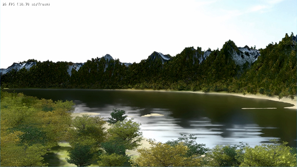 A digital rendering of a calm lake reflecting light, bordered by dense green forests and jagged mountains.