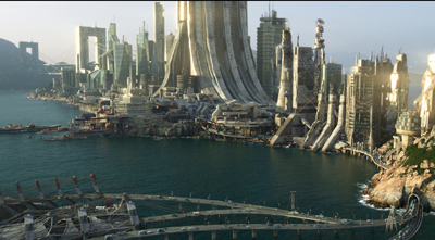 A sprawling futuristic city with towering, curved skyscrapers lining a blue bay under a clear sky.