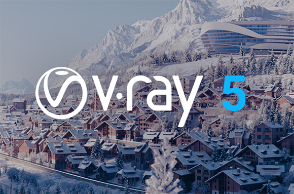 V-Ray 5 logo overlaid on a 3D render of a snowy mountain village and modern building.