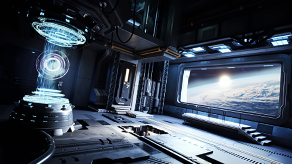Sci-fi spaceship interior featuring a glowing blue energy portal and a large window overlooking Earth.