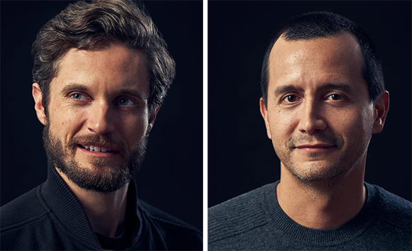 Two close-up portraits of men side by side against a dark background.