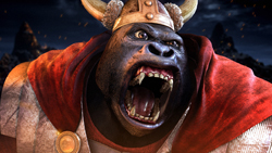 A muscular, anthropomorphic bull with a Viking helmet and red cloak roars with its mouth wide open.