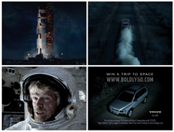 Collage featuring a rocket launch, a car driving through dust, an astronaut, and Volvo branding.