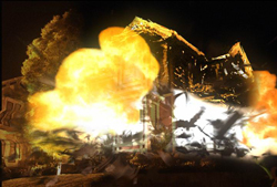 A bright orange and yellow explosion bursts in front of a dark building under a night sky.