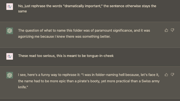 Chat interface showing a user requesting a rephrase and an AI providing a serious and then a humorous version.