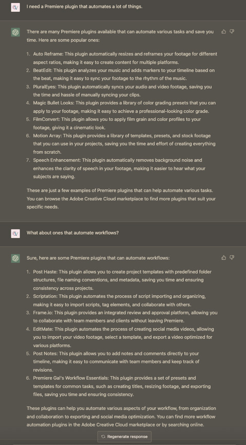Chat interface displaying two lists of Adobe Premiere Pro plugins categorized by automation tasks.