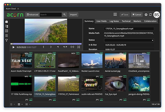 Software interface showing a video editing dashboard with a main video player and a grid of media files.