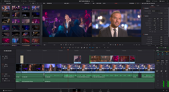 A video editing software interface displaying a multi-track timeline and two video preview windows.