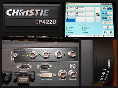 Collage showing the Christie CP4220 logo, a digital control interface, rear input/output ports, and a projector lens.