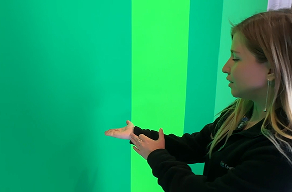 A woman in a black sweatshirt gestures with both hands against a bright green striped background.