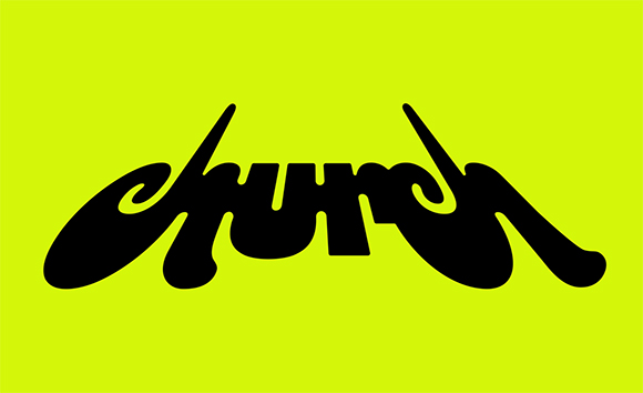 Stylized black cursive text reading 'Church' centered on a bright lime green background.