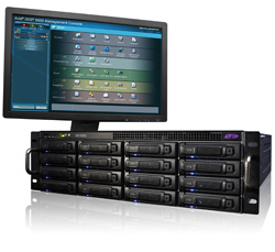 A computer monitor showing a software interface above a black rack-mounted server with multiple drive bays.