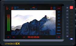 A black video monitor displaying a mountain landscape with technical data overlays.