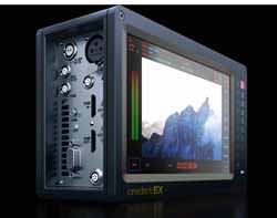 A black electronic video monitor displaying a mountain landscape with various technical interface overlays.