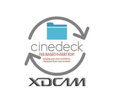 Cinedeck logo featuring a blue folder icon inside circular arrows above XDCAM text.