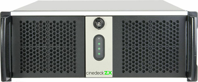 Front view of a silver and black cinedeck ZX server unit with a central control panel.