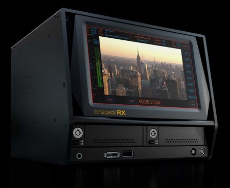 A black Cinedeck RX monitor displaying a sunset cityscape of New York City.