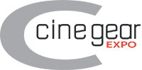 Gray stylized letter C surrounding the text cine gear EXPO in black and red.