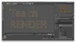 3D modeling software interface showing the words Team RENDER in a workspace.