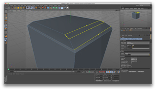 A 3D modeling software interface displaying a dark grey polygonal object with yellow edge highlights.