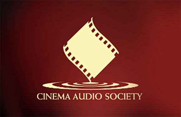 A cream-colored film strip icon curved over concentric circles above the text Cinema Audio Society.