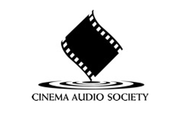 Black logo of a film strip curling upward from concentric circles above the text Cinema Audio Society.