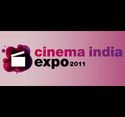 Logo for Cinema India Expo 2011 featuring a clapperboard icon and pink text on a gradient background.