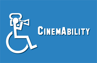 White logo of a person in a wheelchair holding a movie camera next to the text CinemAbility on a blue background.