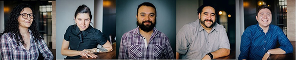 Five separate portraits of smiling men and women in casual attire against various backgrounds.