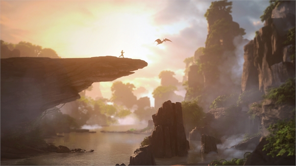 A silhouette of a person running on a rocky cliff toward a flying creature in a misty, sunlit canyon.