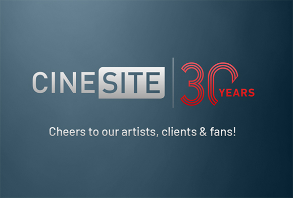 Cinesite logo next to a red outlined number 30 and the word YEARS, with text below reading Cheers to our artists, clients & f