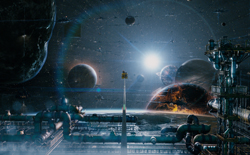 A view from a space station looking out at multiple planets and a bright sun in deep space.