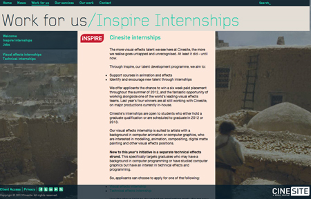 Webpage for Cinesite's Inspire Internships program detailing visual and technical effects opportunities.