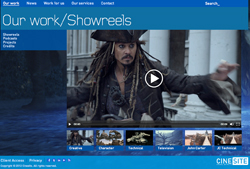 Website interface showing a video player with a pirate character and a gallery of video thumbnails below.