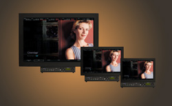 Three black electronic monitors of different sizes displaying a portrait of a woman.