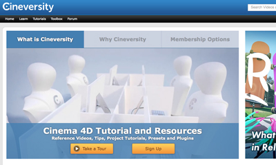 Cineversity website banner showing white stylized figures in an office setting with Cinema 4D tutorial text.