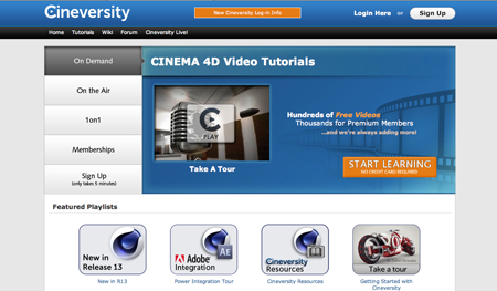 Cineversity website homepage featuring Cinema 4D video tutorials and featured playlists.