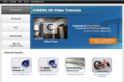 Website interface for Cinema 4D video tutorials featuring a blue banner and featured playlist icons.
