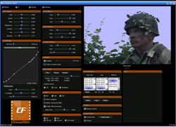 Software interface showing color grading controls and a video of a soldier in a helmet with leaves.