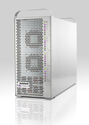 A vertical silver server tower with multiple drive bays and status lights on the front panel.