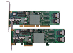 Two green printed circuit boards with various electronic components and metal connectors.