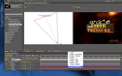 Software interface displaying video editing tools, a composition window, and a timeline with colored layers.