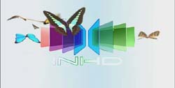 Colorful geometric shapes and butterflies arranged horizontally against a light background.