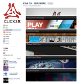 Website interface for Click3X showing a portfolio of interactive projects like LEGO Star Wars and Batman App.