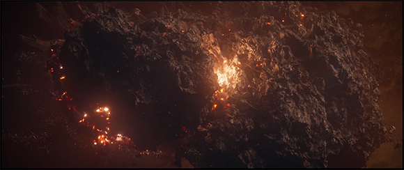 A large, dark, irregular mass of textured rock with glowing orange embers and light shining through cracks.