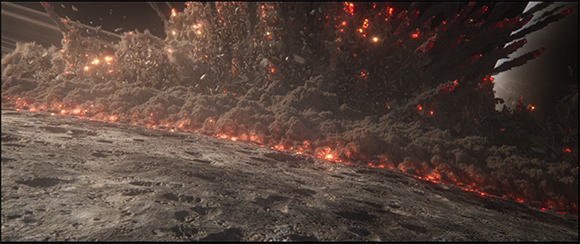 A wide view of dark, rocky debris erupting with glowing red and orange embers across a cratered surface.