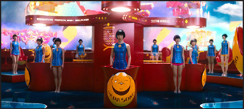 Several women in blue sleeveless tops stand behind red counters in a vibrant, stylized indoor environment.